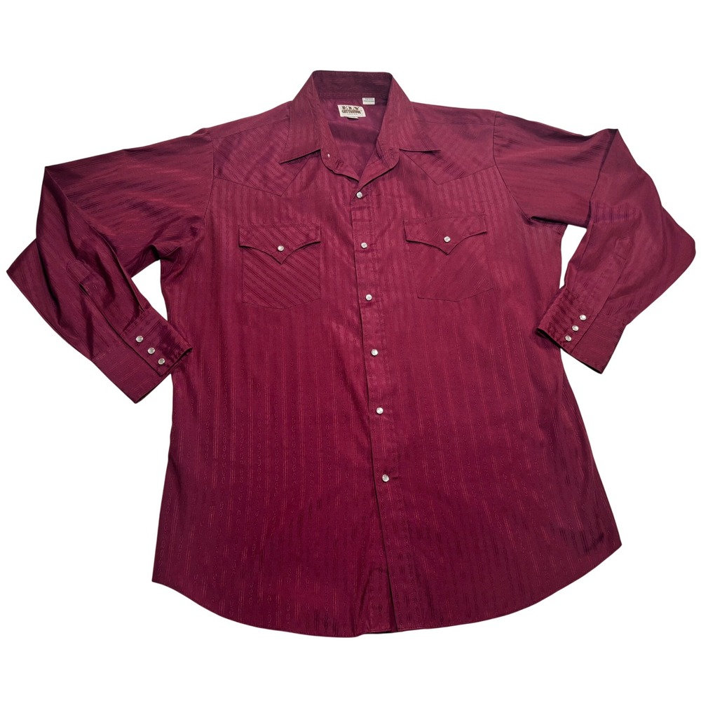 Ely Cattleman Western Shirt Men Burgundy Excellent Pearl Snap Pattern Lg 16.5x34